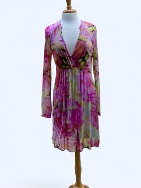 Vintage BCBG Pink Floral Long Sleeve V-Neck Dress Size M